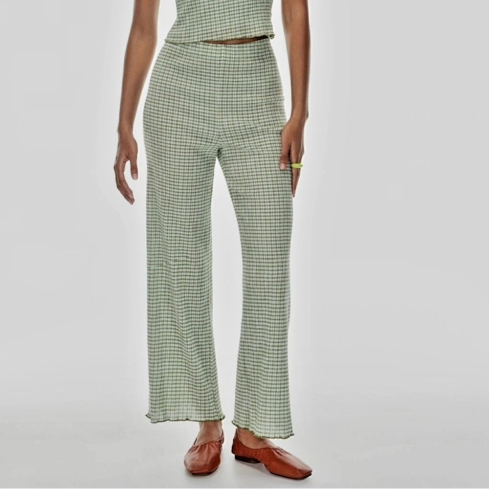 Aritzia Wilfred Verona Classic Leg Pant Green Check Seersucker Pull-On Stretch
